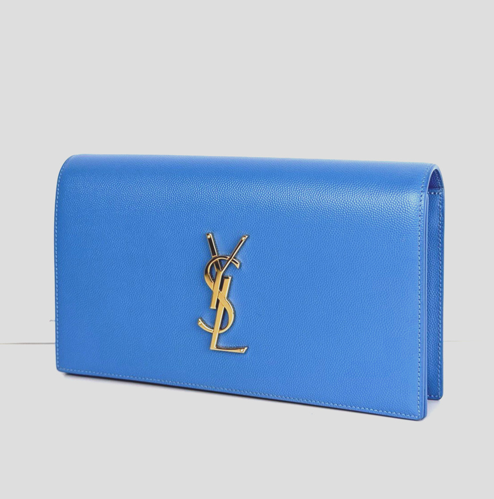Saint Laurent Monogram Cassandre Clutch Bag in Blue Grain de Poudre Leather S-13